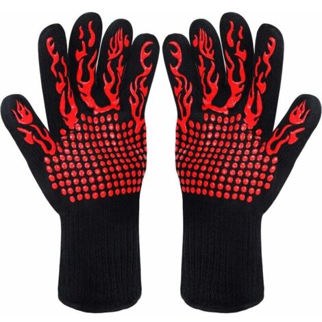 Guantes para barbacoa, horno y cocina resistentes al calor hasta 800 °C, con forro de algodón y puño largo para cocina, microondas, chimenea y carbón (rojos)