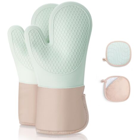 Guantes para horno, juego de 4 guantes de cocina y agarraderas resistentes al calor, antideslizantes, resistentes al calor hasta 350 °C, de algodón suave, silicona gruesa, larga y flexible para cocina