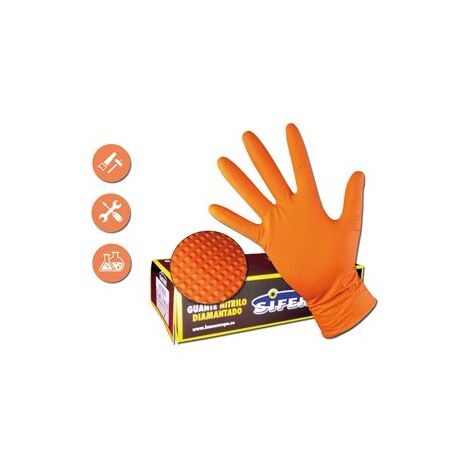 Guantes SIFER nitrilo 8 g diamantado naranja/lion caja 50 unidades Talla XXL