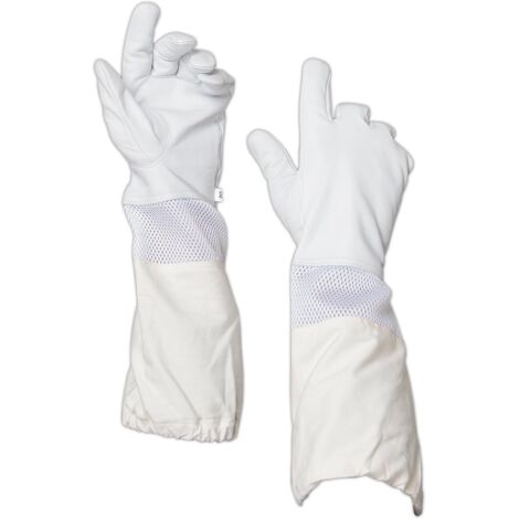 Guanti da apicoltore in pelle di capra di prima qualità, spacchi bianchi, maniche lunghe in tela con polsini elastici (L)