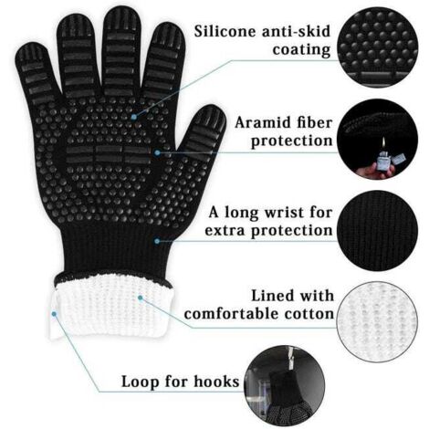 Guanti da barbecue antiscivolo in silicone, conformi alla norma EN407, per barbecue, forni, guanti da cucina resistenti al calore, guanti da camino fino a 800°C - Nero