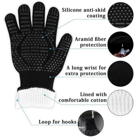 Guanti da barbecue antiscivolo in silicone, per barbecue, forno, forno, guanti da cucina resistenti al calore, guanti da camino fino a 800°C, neri