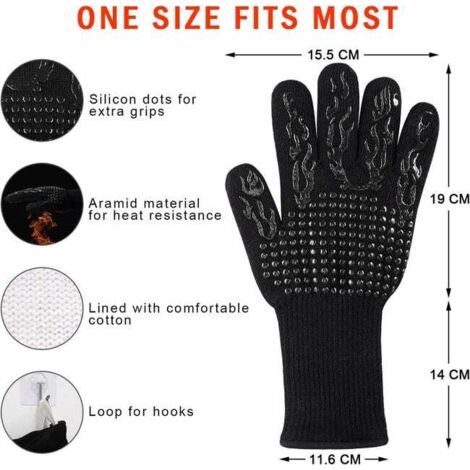 Guanti da barbecue, guanti da cucina, guanti da forno antiscivolo in silicone, resistenti al calore fino a 800°C, certificati EN407, guanti da barbecue in silicone - neri