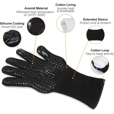 Guanti da barbecue, guanti resistenti al calore fino a 800 °C, guanti da cucina universali resistenti al calore e antiscivolo per barbecue, grill, forno, cucina e camino [1 paio] - Nero