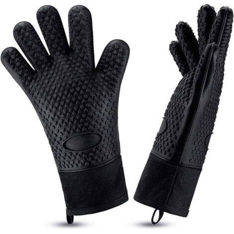 Guanti da barbecue in silicone resistenti al calore, lunghi e impermeabili con fodera in cotone, ideali per grigliate, cucina e cottura al forno (neri)