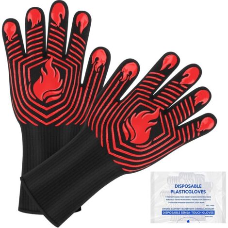 Guanti da barbecue, resistenti al calore fino a 750 °C, ignifughi, antiscivolo, lavabili, in silicone, per barbecue, cucina, forno, campeggio e affumicatura (rossi)