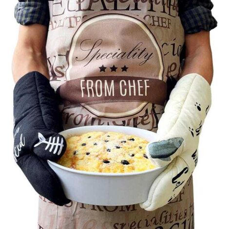 Guanti da cucina resistenti al calore per cucinare, grigliare, cuocere al forno, avorio e nero, design a forma di gatto e gatto nero, amanti dei gatti