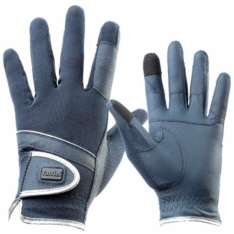 Guanti da equitazione in materiale tecnico con dorso in rete e profilo argento: XL, nero