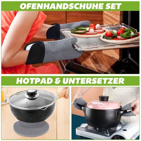 Guanti da forno, presine, guanti da cucina, silicone: resistenti al calore fino a 230°C - 2 guanti da forno, 2 sottopentola, 2 piccole presine per forno a microonde grigio