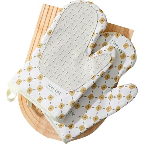 Guanti da Forno, Set di 2 Guanti da Forno Doppio Strato in Silicone e Cotone, Design Antiscivolo, Impermeabili e Anti-Calore, Guanti da Cucina, Bianco