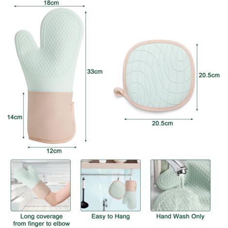 Guanti da forno, set di 4 guanti da cucina antiscivolo resistenti al calore e presine, resistenti al calore fino a 350 °C, in morbido cotone, lunghi e flessibili in silicone spesso per cucinare, verde