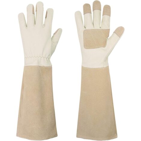 Guanti da giardinaggio lunghi per uomo e donna, guanti da potatura per rose in pelle di maiale traspirante e resistente, con guanti antiforatura (L).