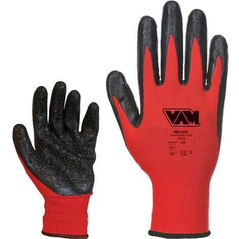 GUANTI DA LAVORO "RED MIX" POLIESTERE SPALMATO LATTICE CRINKLE 12 PAIA M-XXL MED, "XXL"