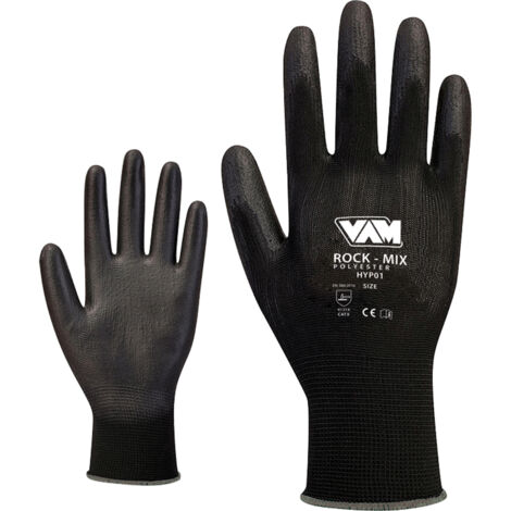 GUANTI DA LAVORO ROCK MIX POLIESTERE SPALMATO POLIURETANO NERO 12 PAIA S-XXL MED, "S"