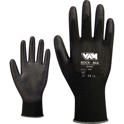 GUANTI DA LAVORO ROCK MIX POLIESTERE SPALMATO POLIURETANO NERO 12 PAIA S-XXL MED, "XL"