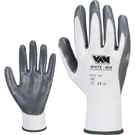 GUANTI DA LAVORO "WHITE MIX" POLIESTERE SPALMATO IN NITRILE 12 PAIA M-XXL MED, "XL"