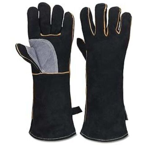 Guanti in pelle ignifuga per alte temperature con cuciture in Kevlar, perfetti per caminetti, stufe, forni, grill, saldatura e manipolazione di animali, nero-grigio