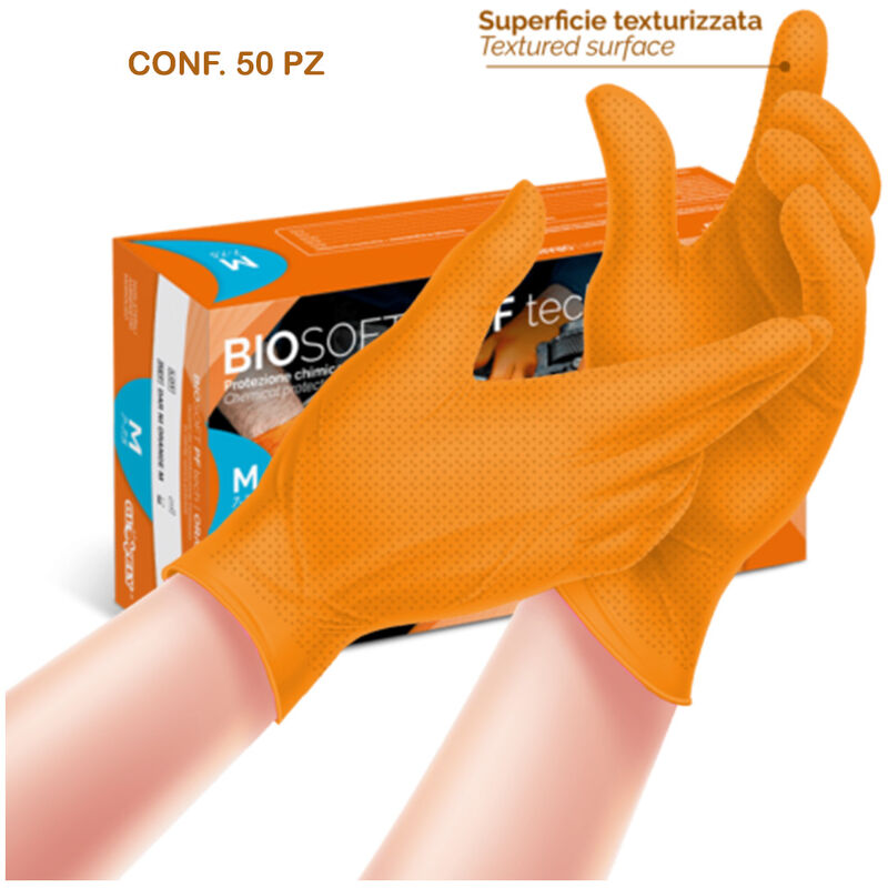 Image of Glovely,technosafe - guanti monouso in nitrile arancio - tipo b - biosoft pf tech - PZ.50 - diverse taglie disponibili - s