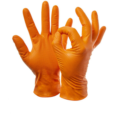 GUANTI MONOUSO IN NITRILE FULL GRIP 8,8gr ARANCIO NO TALCO BOX 50PZ M-XL CUS, "XL"