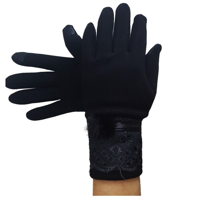 Trade Shop - Guanti Tessuto Cotone Donna Nero Pon Pon Pizzo Taglia 8 1/2 Gloves Fodera Pile -