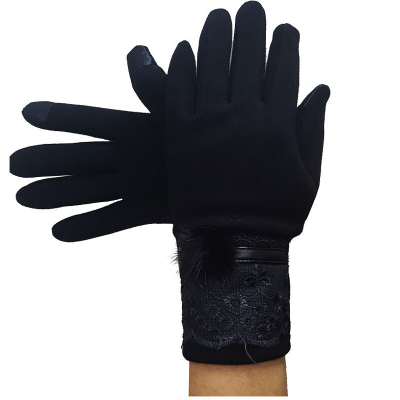 Trade Shop - Guanti Tessuto Cotone Donna Nero Pon Pon Pizzo Taglia 8 1/2 Gloves Fodera Pile -