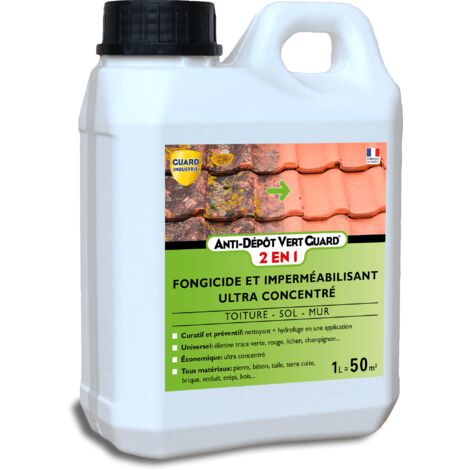 Guard Industrie – Fongicide hydrofuge concentré 1L – Anti dépôt vert pour toiture et façade – Élimine lichens et champignons – Séchage rapide en 2 heures - VERT 2 EN