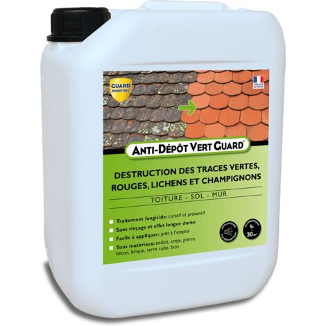 Guard Industrie – Fongicide nettoyant toit 5L – Anti dépôt vert – Élimine algues, lichens et champignons – Effet résiduel jusqu'à 3 ans