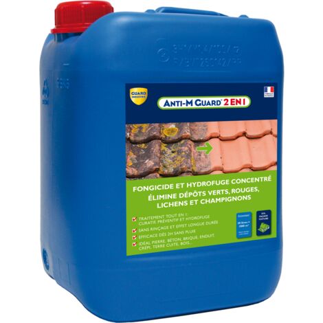 Guard Industrie – Nettoyant fongicide hydrofuge 5L – Action 2 en 1 pour toitures, murs et terrasses – Efficace contre dépôts verts et algues