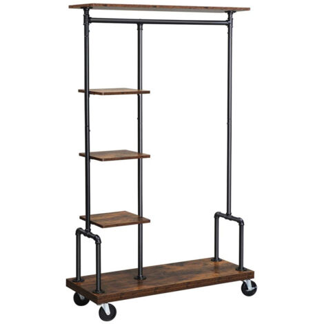 Guardarropa móvil perchero con ruedas mueble de entrada perchero de 5 niveles estructura metálica 174,5 cm marrón rústico 120003089