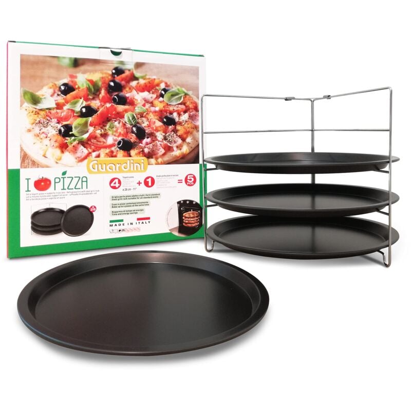 Image of Set 4 tegami pizza ø 28 cm + 1 griglia porta tegami, Acciaio con rivestimento antiaderente, Nero, Made in Italy, Linea Pizza&Mania - Guardini