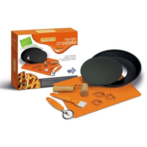 Guardini Scatola Regalo-Crostata, 1 Crostata fondo removibile 28cm in Acciaio nero+1tappetino silicone+1rullo+1rotella tagliapasta+1pennello+3tagliapasta