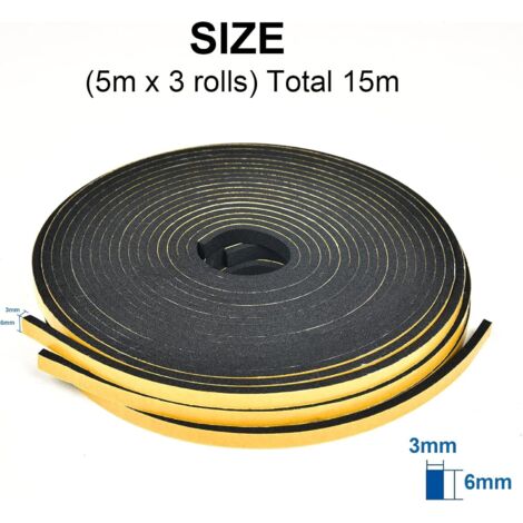 Guarnizione per finestre, guarnizione adesiva in schiuma per porte, 3 rotoli, 6 mm x 3 mm x 5 m, guarnizione in gomma multifunzione, antiurto, isolamento acustico, protezione per mobili e condizionato