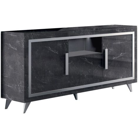 GUEDA - Buffet 3 Portes Effet Marbre Anthracite Finition Argent avec Leds