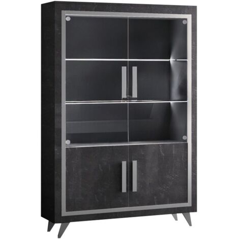 GUEDA - Vitrine 4 Portes Effet Marbre Anthracite Finition Argent avec Leds