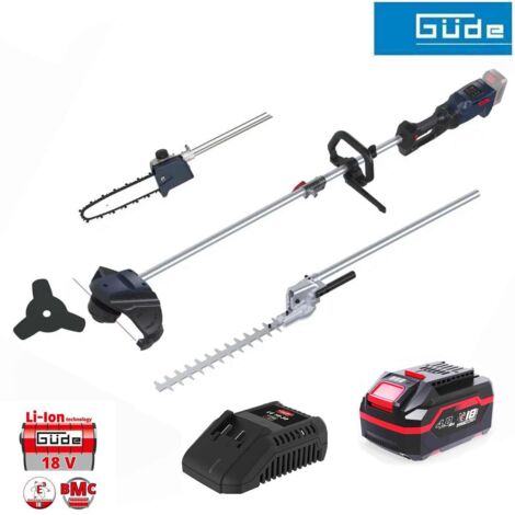 Güde Multifunktionswerkzeug 18V Freischneider Trimmer Heckenschere Astkettensäge 4in1 mit Akku 4 Ah
