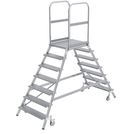 Günzburger Steigtechnik Escalier à palier accessible des deux côtés avec roulette à ressort aluminium strié 2x7 marches - 050207