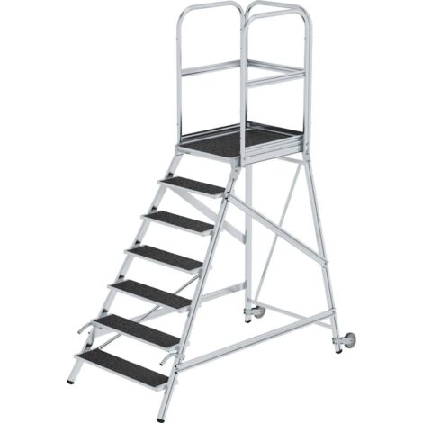 Günzburger Steigtechnik Escalier à palier accessible d'un côté avec roulettes &amp poignées Revêtement corindon R13 7 marches - 055107