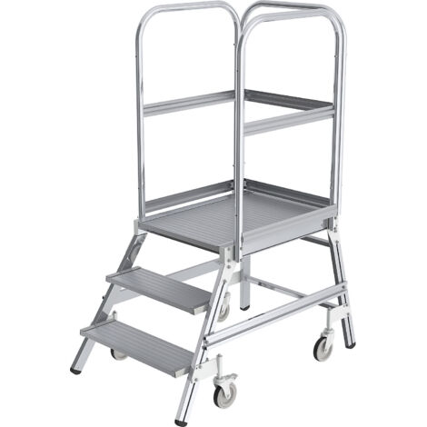 Günzburger Steigtechnik Escalier à palier praticable d'un côté avec roulette à ressort aluminium strié 3 marches - 050103