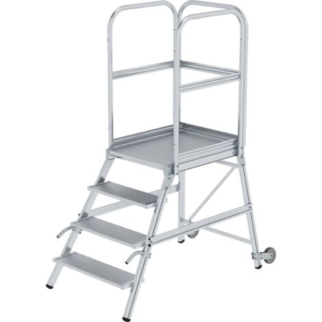 Günzburger Steigtechnik Podesttreppe einseitig begehbar mit Rollen &amp Griffen Aluminium geriffelt 4 Stufen - 056104