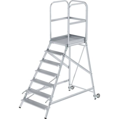 Günzburger Steigtechnik Podesttreppe einseitig begehbar mit Rollen &amp Griffen Aluminium geriffelt 7 Stufen - 056107