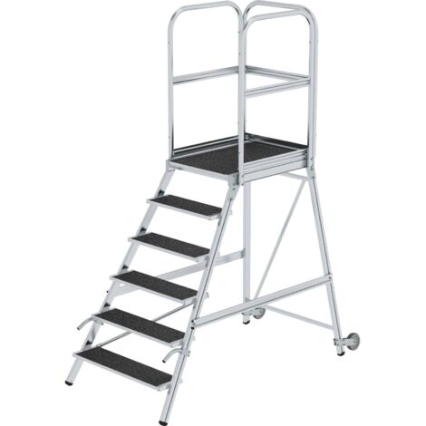 Günzburger Steigtechnik Podesttreppe einseitig begehbar mit Rollen &amp Griffen Korrundbeschichtung R13 6 Stufen - 055106