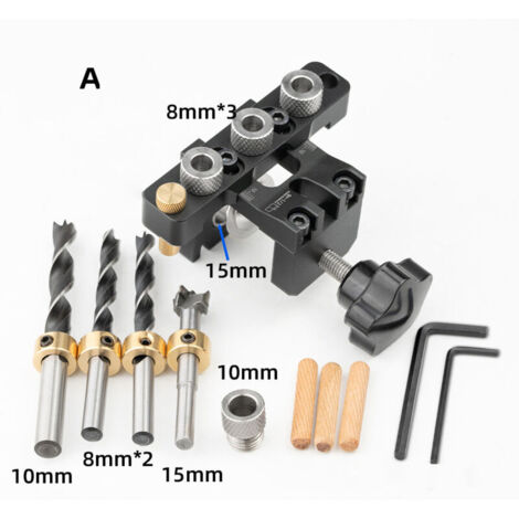 Guía de broca 3 en 1 para madera - Plantilla de posicionamiento + Punzón de aluminio (8-15 mm) - Herramienta de carpintería ajustable