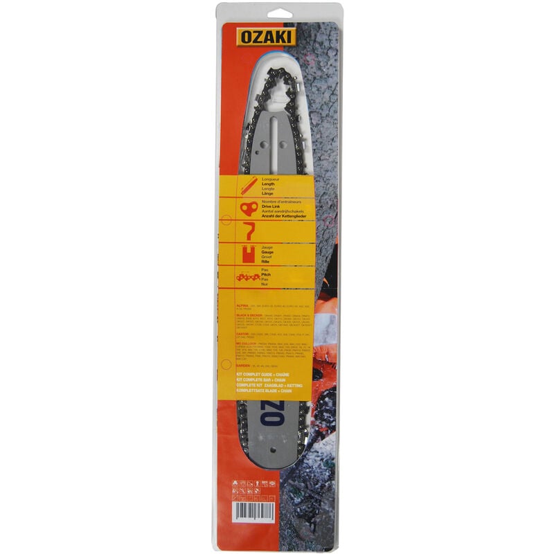 Guide OZAKI 30 cm montage G + Chaîne 3/8 low pro .050 (1.3mm) 44 entraîneurs ( E44 ). Remplace Guide Oregon 120SPEA074. Livré sous coque.