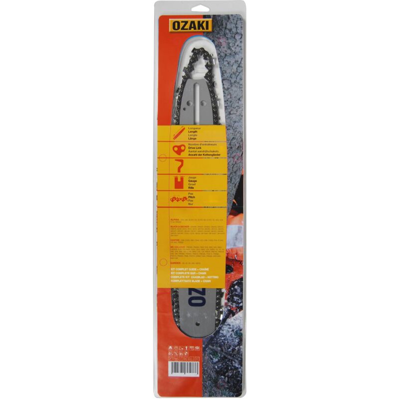 Guide OZAKI 40 cm montage H + Chaîne .325' .063 (1.6mm) 62 entraîneurs ( E62 ). Remplace Guide Oregon 1635LBA074. Livré sous coque.