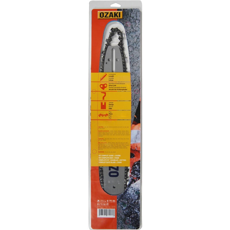 Ozaki - Guide de 40 cm montage c + chaine 3/8 low pro .050 (1.3mm) - 56 entraîneurs ( E56 ) . Remplace origine Oregon 160SDEA318 - Livré sous coque.