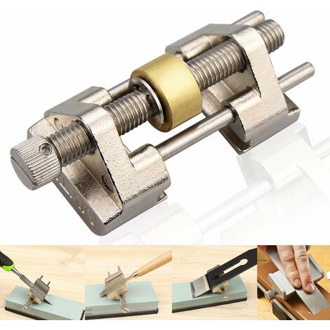 Guide d'affûtage - En acier inoxydable - Serrage sur le côté - Angle fixe - Avec rouleau en laiton pour ciseaux à bois, lame de rabot, burin plat - Largeur entre 0,8 et 8,2 cm LITZEE