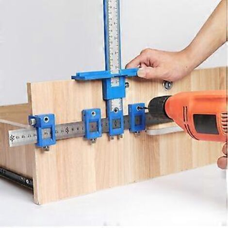 Guide de perçage - Accessoires pour perceuse - Gabarit de perçage - Gabarit de charnière - Aide au perçage - PP, acier au carbone - Bleu - pour la menuiserie, les charnières de meubles et autres trava