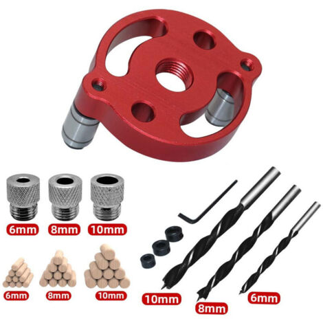 Guide de perçage vertical 3–10 mm – Outils pour le travail du bois (positionneur + douille de perçage à trois trous + foret à trois trous + cheville ronde)