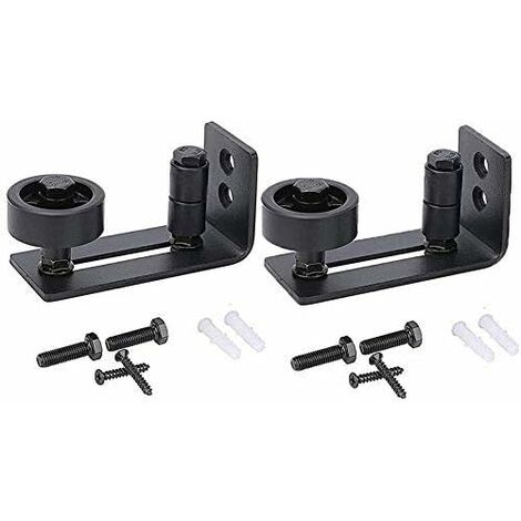 Guide de porte coulissante robuste pour porte de grange, butée 8 en 1 en acier au carbone noir design de fond encastré, panneau de sol et de porte, rouleau réglable, système de fixation murale