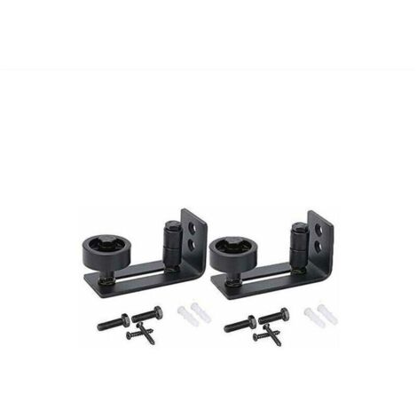Guide de porte coulissante robuste pour porte de grange, butée 8 en 1 en acier au carbone noir design de fond encastré, panneau de sol et de porte, rouleau réglable, système de fixation murale